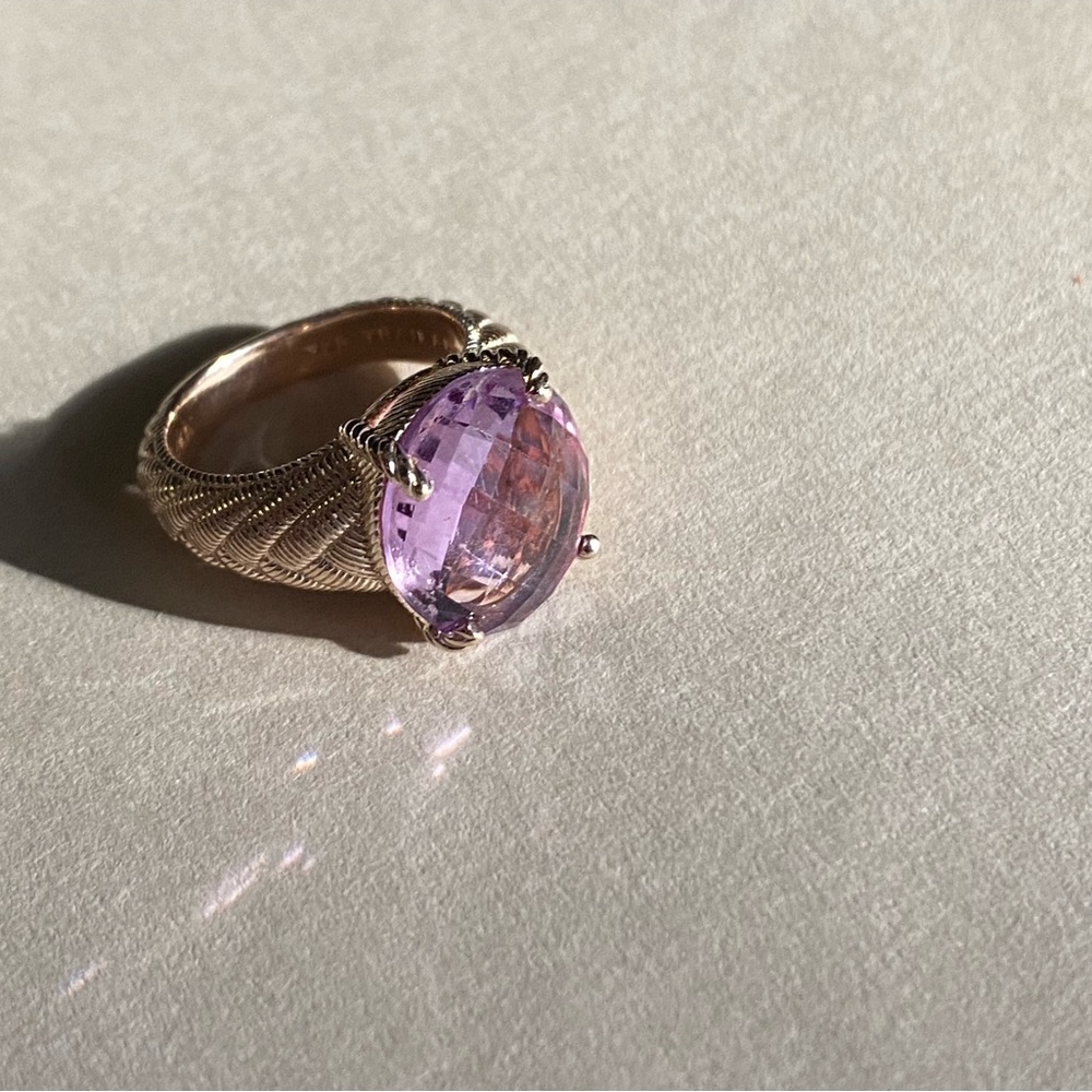 JUDITH RIPKA 925 Sterling Silver Gold Plated Oval-Cut Amethyst Woven Ring